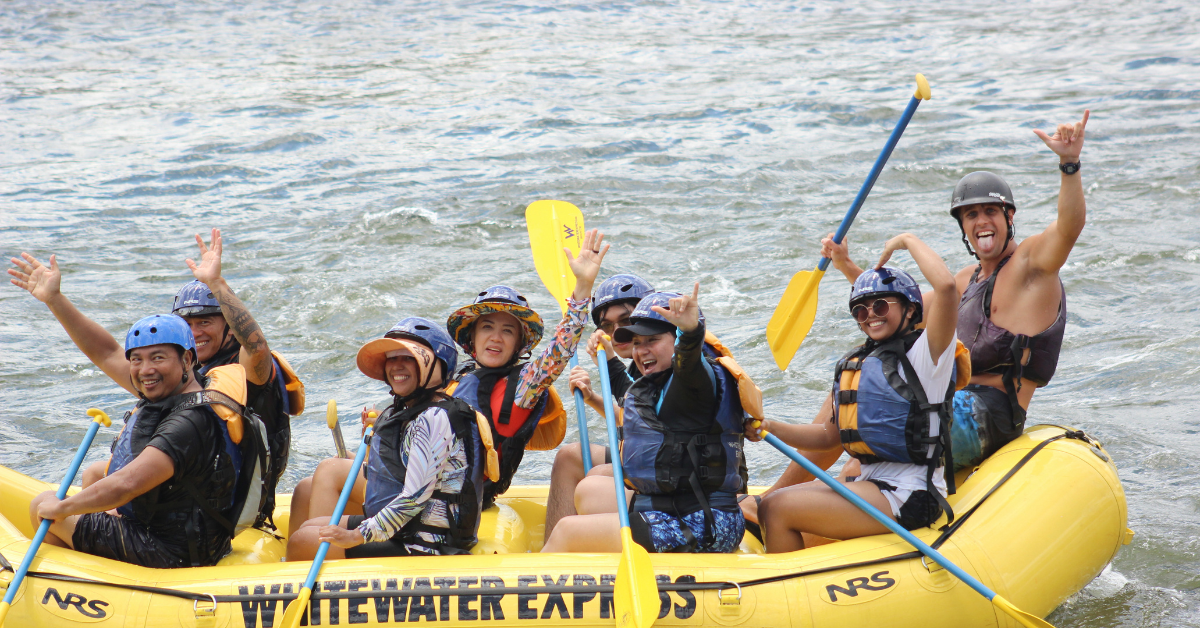 Group on a yellow "Whitewater Express" raft on the Chattahoochee River